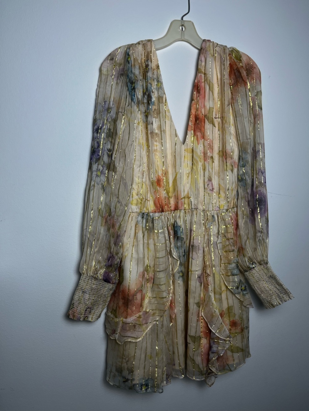 Anthropologie Cream Floral Metallic-Striped Long Sleeve Mini Dress